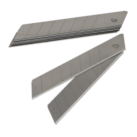 This Snap-Off Blade Pack of 10 - AK86R/B from Sealey includes stacked and separate utility knife blades with snap-off segments, featuring a hole for easy attachment. This pack ensures you always have a sharp edge ready to go with its retractable snap-off knives.