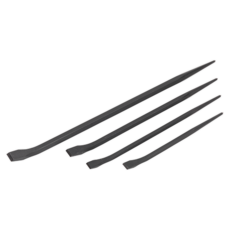 Four Sealey Pry Bar Set 4pc (AK881) pieces, crafted from Chrome Vanadium steel and varying in lengths of 300mm, 400mm, 450mm, and 600mm, are aligned parallel to each other.