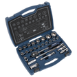 Open the blue plastic case displaying the Sealey Socket Set 26pc 1/2"Sq Drive 6pt WallDrive® Metric - AK8992, featuring chrome vanadium steel sockets and various extensions neatly arranged inside.