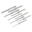 A set of Sealey Roll Pin Punches made from Chrome Vanadium steel, ranging from 3mm to 12mm, arranged in a row, ideal for professional use. Product: Roll Pin Punch Set 9pc - AK9109M.