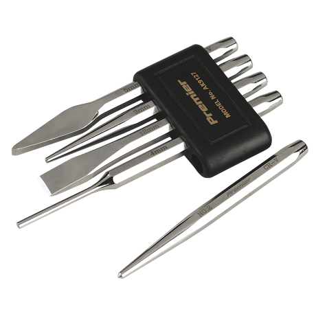 A set of five woodworking chisels, branded "Sealey," is made from Chrome Vanadium steel and comes with a black holder featuring the model number "AK9127" and the branding "Premier Hand Tools." The chisels vary in size and shape.