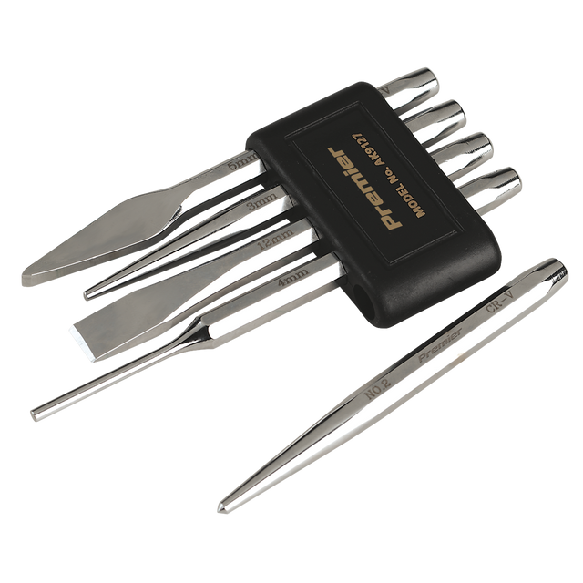 A set of five woodworking chisels, branded "Sealey," is made from Chrome Vanadium steel and comes with a black holder featuring the model number "AK9127" and the branding "Premier Hand Tools." The chisels vary in size and shape.