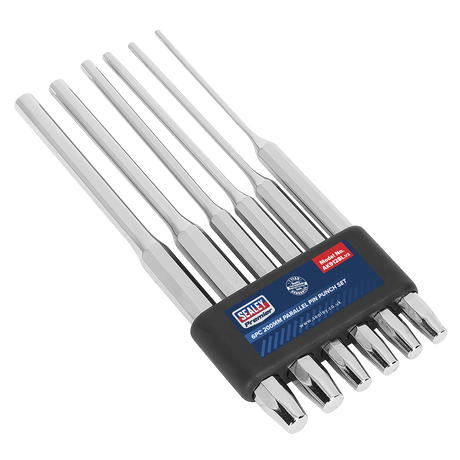 The Sealey Parallel Pin Punch Set, model AK9128L, includes six 200mm pin punches made from Chrome Vanadium steel with silver shafts and comes in a black holder. Designed for professional use, these Premier Hand Tools offer durability and reliability.