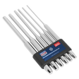 The Sealey Parallel Pin Punch Set, model AK9128L, includes six 200mm pin punches made from Chrome Vanadium steel with silver shafts and comes in a black holder. Designed for professional use, these Premier Hand Tools offer durability and reliability.