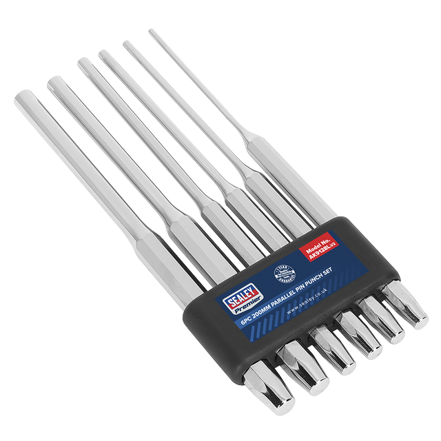 The Sealey Parallel Pin Punch Set, model AK9128L, includes six 200mm pin punches made from Chrome Vanadium steel with silver shafts and comes in a black holder. Designed for professional use, these Premier Hand Tools offer durability and reliability.