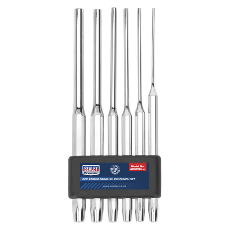 The Sealey Parallel Pin Punch Set 6pc 200mm - AK9128L, designed for professional use, features six Chrome Vanadium steel punches housed in a black holder.
