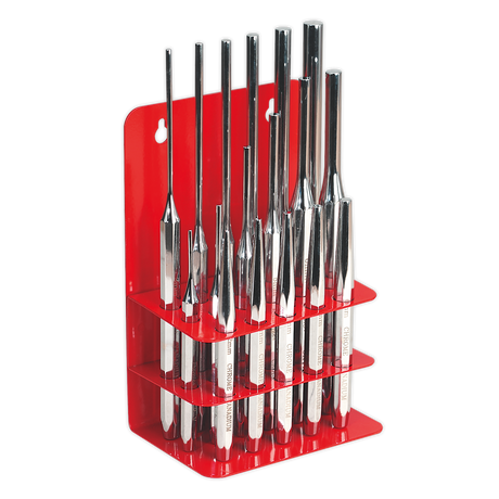A Sealey Punch Set 17pc (AK9130) organized in a red three-tier stand, perfect for professional use.