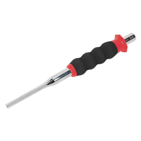 The Sheathed Parallel Pin Punch Ø6mm - AK91316 by Sealey is crafted from durable Chrome Molybdenum steel and features a metal rod with a black, ergonomically designed handle with red accents on both ends. This tool is ideal for professionals who demand quality and precision and is part of the prestigious Premier Hand Tools collection.