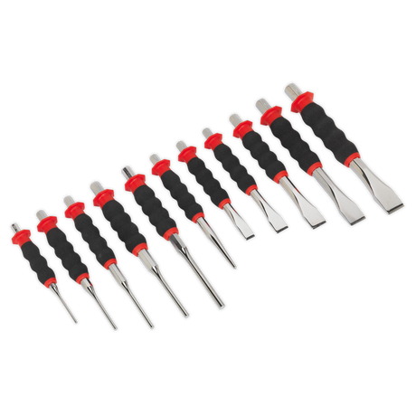 The Sheathed Punch & Chisel Set 11pc - AK9135 by Sealey includes 11 precision chisel tools with black and red handles, crafted from durable Chrome Molybdenum steel, arranged in size order from left to right for professional use.