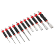 The Sheathed Punch & Chisel Set 11pc - AK9135 by Sealey includes 11 precision chisel tools with black and red handles, crafted from durable Chrome Molybdenum steel, arranged in size order from left to right for professional use.