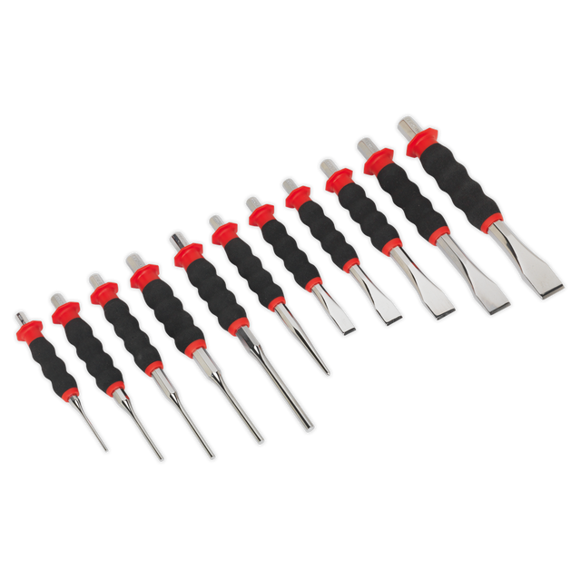 The Sheathed Punch & Chisel Set 11pc - AK9135 by Sealey includes 11 precision chisel tools with black and red handles, crafted from durable Chrome Molybdenum steel, arranged in size order from left to right for professional use.