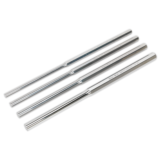 Four extra-long cylindrical rods, crafted from Chrome Molybdenum steel with engraved text on their surfaces, arranged parallel to each other for professional use, come as part of the Sealey Parallel Pin Punch Set 4pc - AK9147.