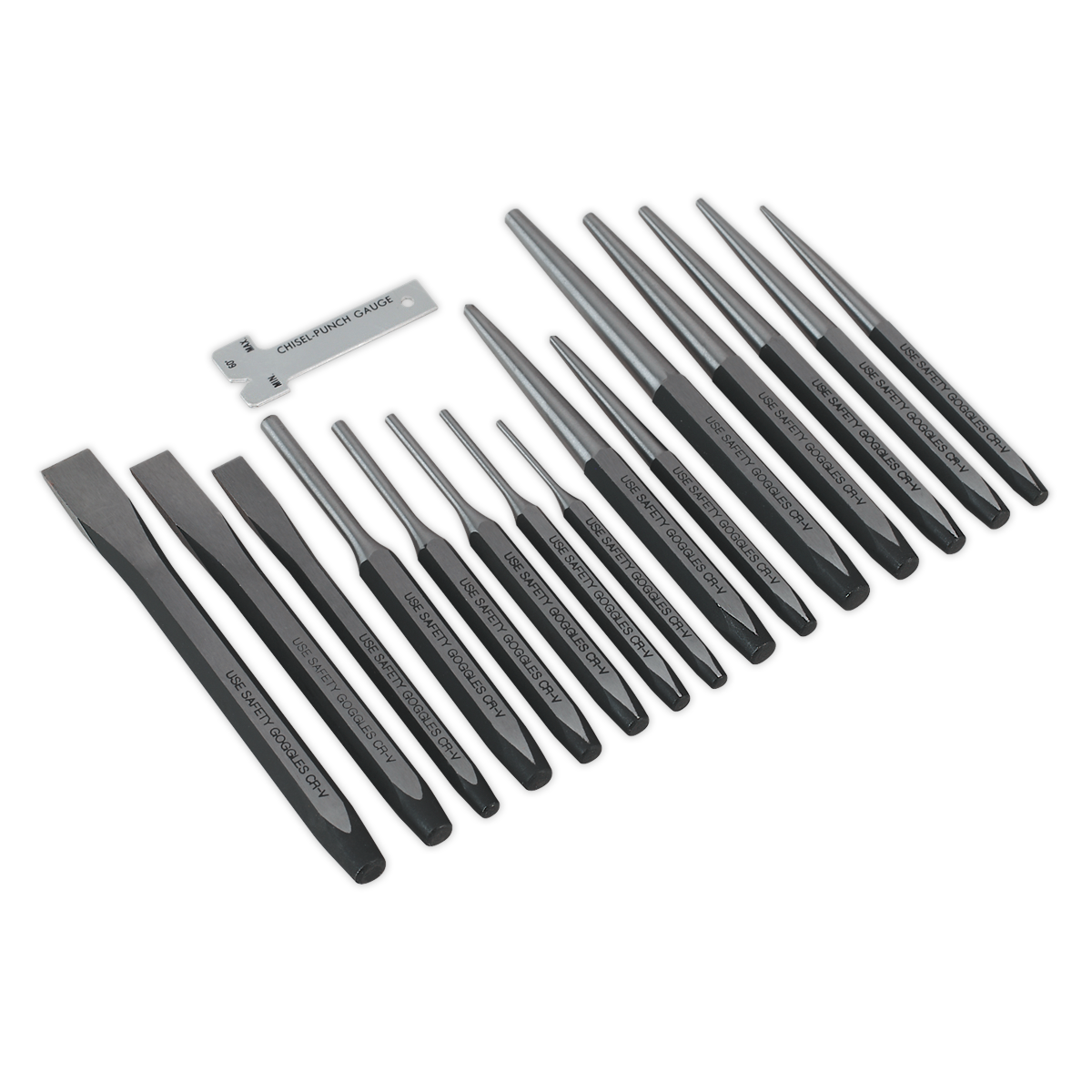 Introducing the Sealey Punch & Chisel Set 16pc - AK9216, a robust collection crafted from durable Chrome Vanadium steel, with black handles organized from smallest to largest. This comprehensive set also includes a convenient Chisel Gauge tool.