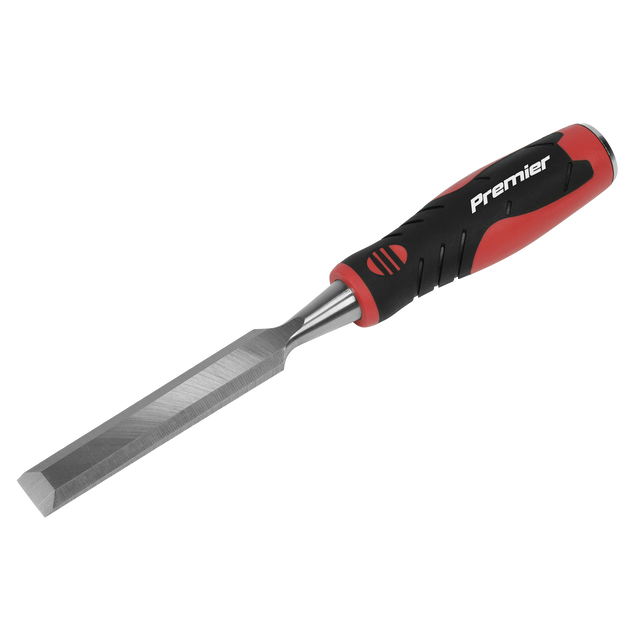 A Sealey Hammer-Thru Wood Chisel 19mm - AK9234, with a red and black rubberized handle and a bevel-edged blade crafted from Chrome Vanadium steel.