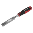 A Hammer-Thru Wood Chisel 25mm - AK9235 from Sealey, featuring a sharp, bevel-edged blade crafted from Chrome Vanadium steel and a red-and-black handle labeled "Premier Hand Tools.