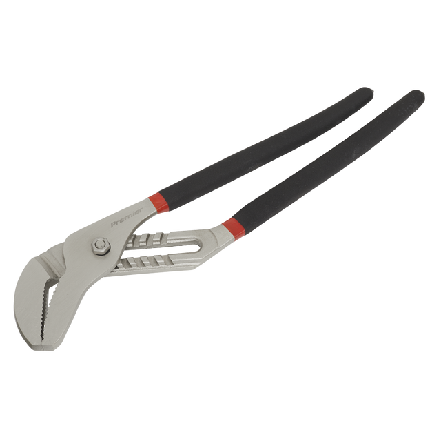 The Sealey Water Pump Pliers 400mm Ni-Fe Finish - AK9370 features a professional hand tools design with black handles, a metal jaw, and red accents near the joint. Enhanced with a non-slip foam grip for superior control.