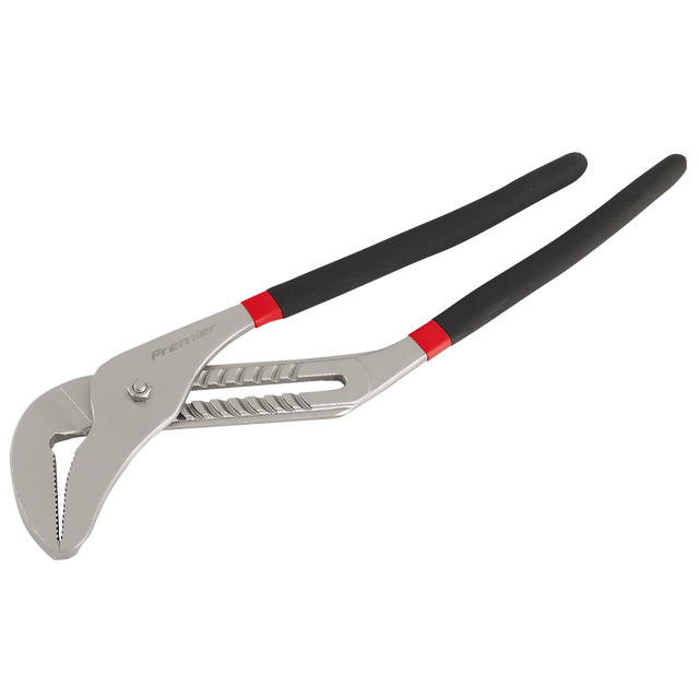 A pair of Water Pump Pliers 500mm Ni-Fe Finish - AK9371 from Sealey, featuring black rubberized handles with a non-slip foam grip and a metal gripping jaw.