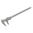 Close-up of the Sealey Vernier Caliper 300mm(12") (0.02mm - 1/1000" Acc) - AK9623, a stainless steel instrument featuring a sliding scale for precise length measurements. This caliper is equipped with both internal and external measuring jaws, and includes metric and imperial scales for versatile use.