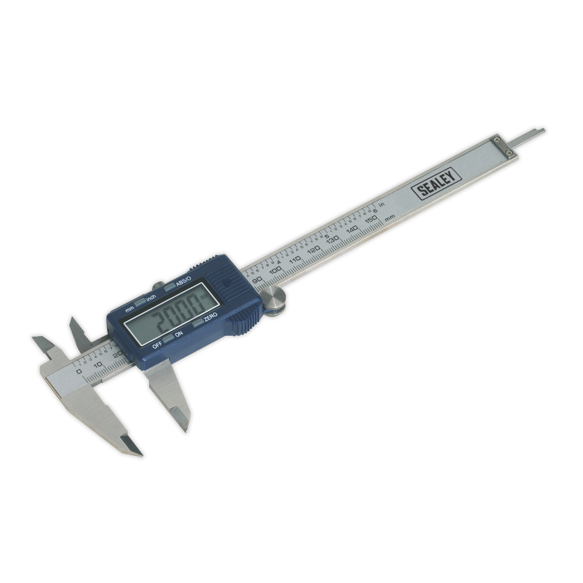 The Sealey Digital Vernier Caliper 0-150mm(0-6") - AK962EV displays a precise measurement of 22.120 mm on its large LCD screen. Featuring a blue and silver design, this stainless steel tool offers both metric and imperial calibration for versatile use.
