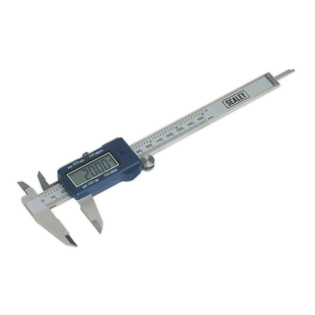 The Sealey Digital Vernier Caliper 0-150mm(0-6") - AK962EV displays a precise measurement of 22.120 mm on its large LCD screen. Featuring a blue and silver design, this stainless steel tool offers both metric and imperial calibration for versatile use.