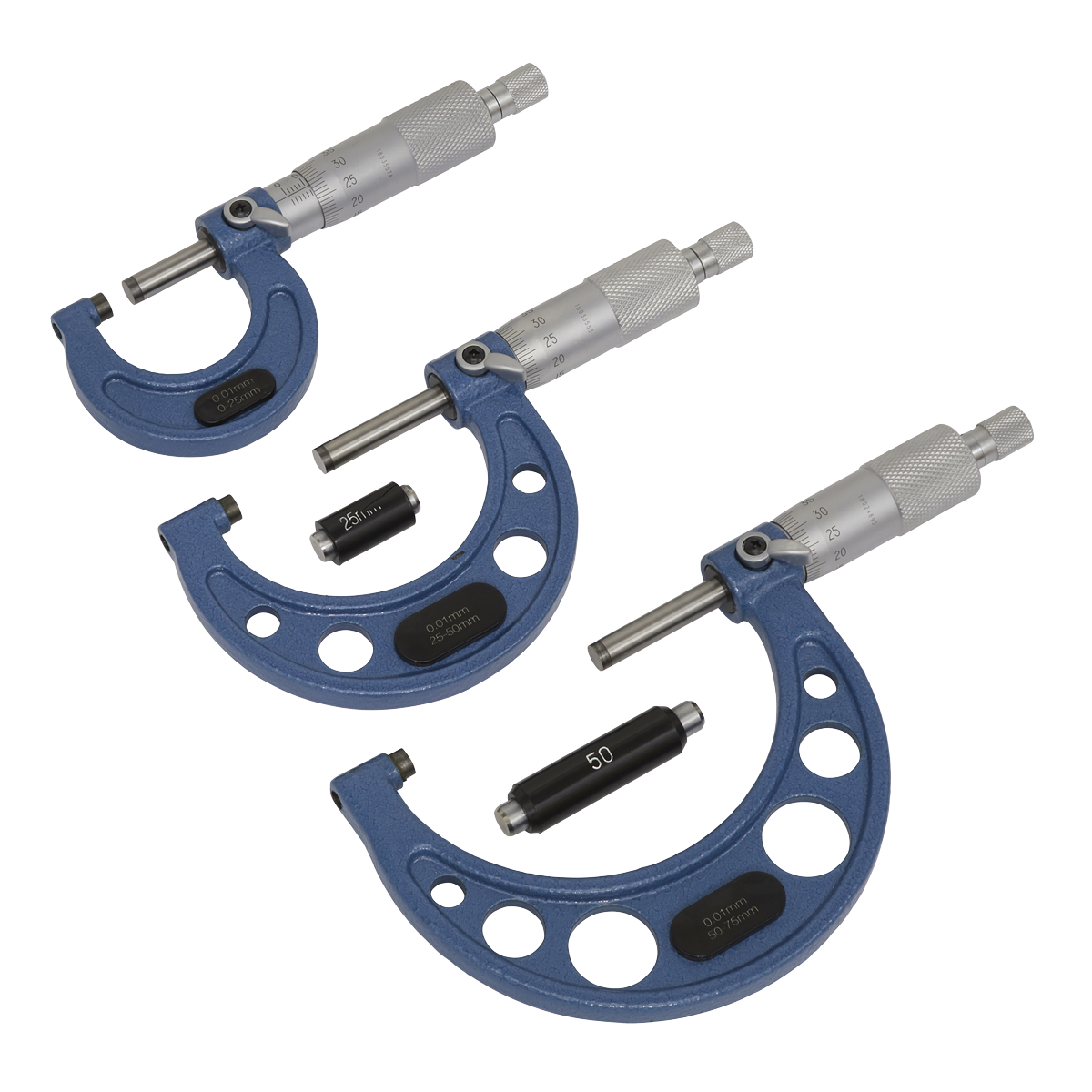 Three Sealey Micrometer Set 3pc Metric - AK9651M with blue frames, silver adjustment spools, and black measurement bars are precisely arranged on a white background.