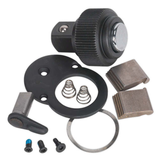 A Sealey Repair Kit for AK968 1/2"Sq Drive (AK968.V3.RK) includes a black knob, mounting plate, two springs, two metal brackets, a small lever, and four screws.