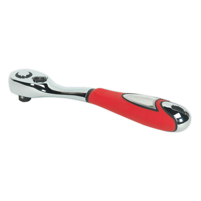 A high-quality Ratchet Wrench Offset 1/2"Sq Drive - AK968 by Sealey, crafted from premium chrome vanadium steel and featuring a red, ergonomic handle, displayed against a white background.