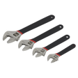 Four adjustable wrenches of varying sizes arranged in a row from largest to smallest. Crafted from high-grade steel, each wrench features a metal head and a black handle with a hole at the end for hanging, exemplifying the quality of Sealey's Adjustable Wrench Set 4pc Ni-Fe Finish - AK9935.