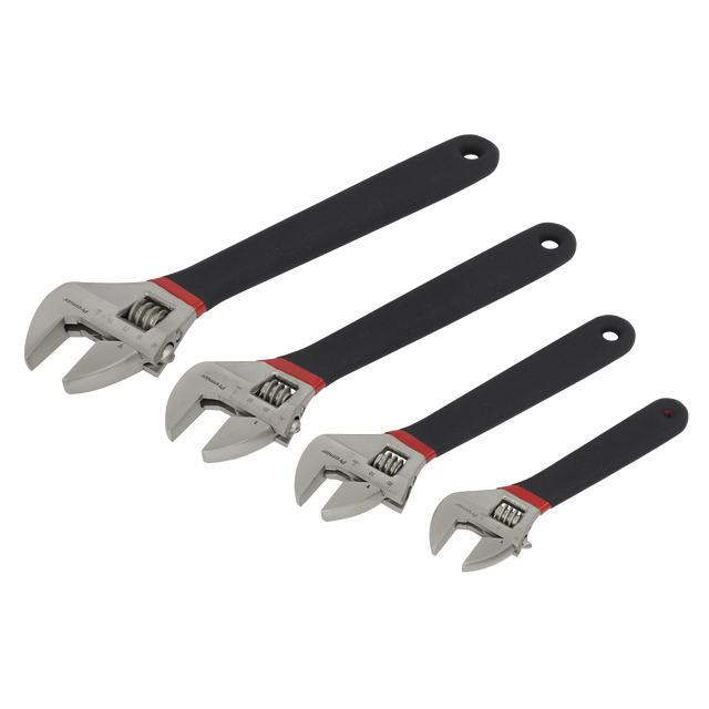 Four adjustable wrenches of varying sizes arranged in a row from largest to smallest. Crafted from high-grade steel, each wrench features a metal head and a black handle with a hole at the end for hanging, exemplifying the quality of Sealey's Adjustable Wrench Set 4pc Ni-Fe Finish - AK9935.