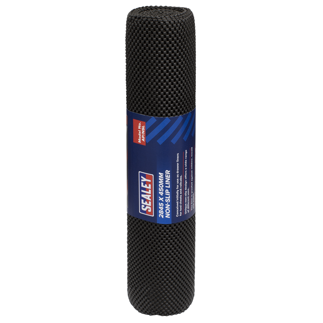 A Sealey Non-Slip Liner 2845 x 450mm - AP/NSL, featuring a black color with its label visible, showcasing its innovative non-slip design and mildew-proof properties.