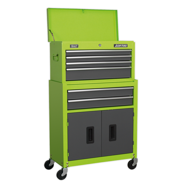 The Sealey Topchest & Rollcab Combination 6 Drawer with Ball-Bearing Slides in Hi-Vis Green/Grey (AP2200BBHV) is a mid-size combo tool chest featuring three top drawers, a working surface, two spacious lower drawers, and a bottom cabinet. This American PRO® ball-bearing chest is designed for mobility with its wheels and includes a 2 Year Guarantee. The lid remains open for easy access.