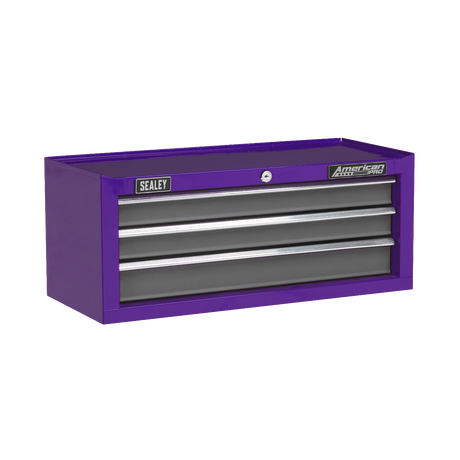 A Sealey Mid-Box 3 Drawer with Ball-Bearing Slides (Model AP22309BBCP) toolbox in purple and grey, featuring a cylinder lock system on the top drawer.