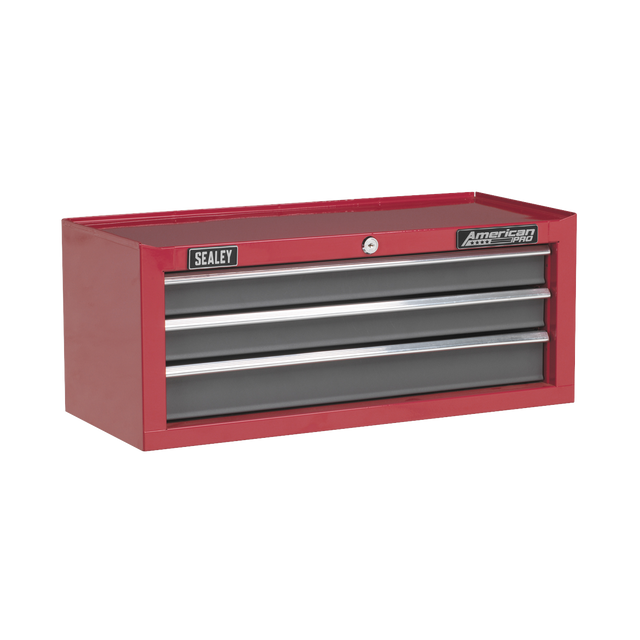 The Mid-Box 3 Drawer with Ball-Bearing Slides - Red/Grey (AP22309BB) by Sealey is a red and gray metal tool chest featuring three drawers, a Sealey logo on the left, and an American PRO® logo on the right. Ideal for additional storage, it boasts smooth ball-bearing drawer slides for easy access.