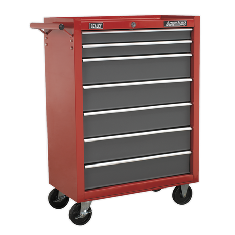 The Sealey Rollcab 7 Drawer with Ball-Bearing Slides - Red/Grey - AP22507BB features seven drawers, a cylinder lock, and four black caster wheels.