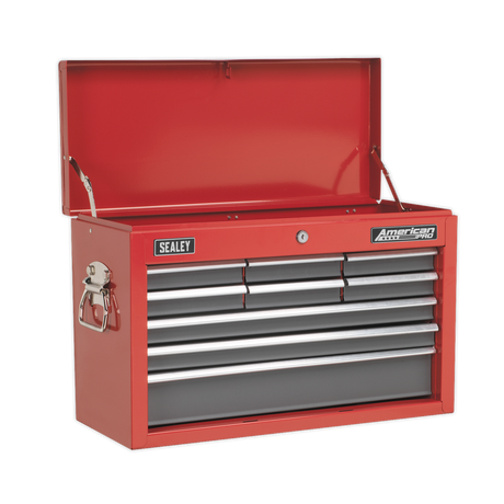 The Sealey Topchest 9 Drawer with Ball-Bearing Slides - Red/Grey (Model: AP22509BB) features a striking red exterior with four grey drawers, each equipped with smooth ball-bearing slides. The top chest's open lid reveals ample storage space inside, while rear locking bars ensure added security. Its black "American Pro" label proudly adorns the front.