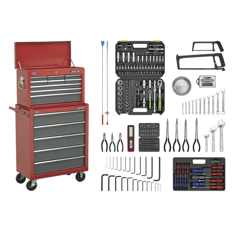 Topchest & Rollcab Combination 14 Drawer with Ball-Bearing Slides - Red/Grey & 281pc Tool Kit - AP2250BBCOMBO - Farming Parts
