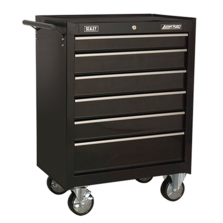 The Sealey Rollcab 6 Drawer with Ball-Bearing Slides - AP226B is a black, metal tool chest featuring six drawers, a secure cylinder lock, and four caster wheels for easy workshop mobility. The ball-bearing drawer slides ensure smooth operation.