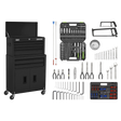 The Sealey Topchest & Rollcab Combination 6 Drawer with Ball-Bearing Slides - Black & 170pc Tool Kit - AP22BKCOMBO includes a black wheeled tool chest with an open top drawer and ball-bearing slides for smooth operation. It comes equipped with various tools, such as socket sets, screwdrivers, adjustable wrench sets, pliers, hex keys, hacksaws, and a magnetic parts tray.