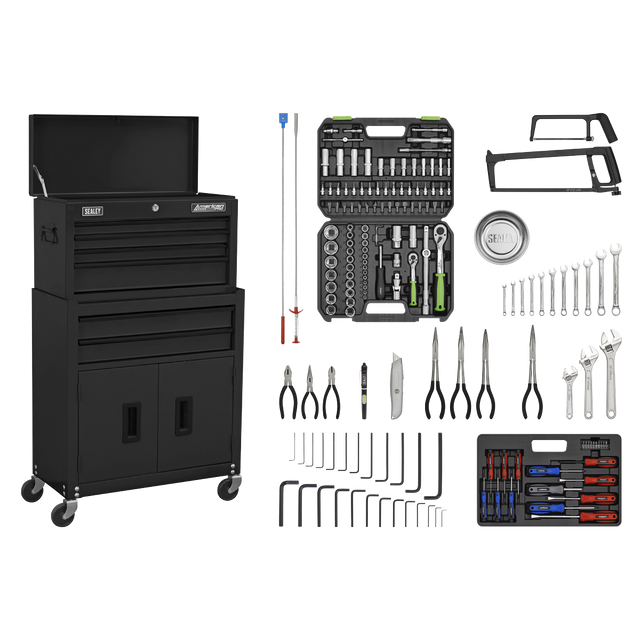 The Sealey Topchest & Rollcab Combination 6 Drawer with Ball-Bearing Slides - Black & 170pc Tool Kit - AP22BKCOMBO includes a black wheeled tool chest with an open top drawer and ball-bearing slides for smooth operation. It comes equipped with various tools, such as socket sets, screwdrivers, adjustable wrench sets, pliers, hex keys, hacksaws, and a magnetic parts tray.