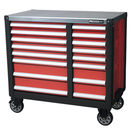 The Sealey Mobile Workstation 16 Drawer with Ball-Bearing Slides - AP24216 is a heavy-duty, rust-resistant tool chest on wheels. It features multiple drawers with silver handles and ball-bearing slides for smooth operation, and its red and black design is complemented by a flat top for added functionality.