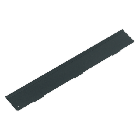 The Sealey Drawer Divider for AP24 Series Rollcabs & Topchests, measuring 3 x 395 x 58mm (model AP24ACC6), is a rectangular black plastic piece with three small notches along the bottom edge, perfect as a medium drawer divider for the AP24 Series tool organizer.