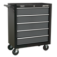 A Sealey Rollcab 5 Drawer tool chest, model AP2505B, in black and grey, features ball-bearing drawer slides, four wheels (including two locking casters), and rear locking bars.