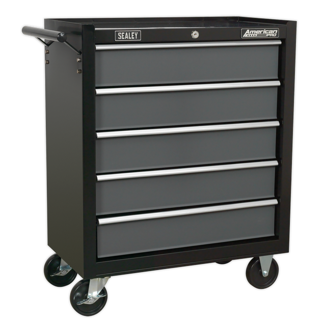 A Sealey Rollcab 5 Drawer tool chest, model AP2505B, in black and grey, features ball-bearing drawer slides, four wheels (including two locking casters), and rear locking bars.