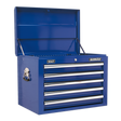 A blue Sealey Topchest 5 Drawer with Ball-Bearing Slides (AP26059TC) features a rust-resistant powder coat paint finish, an open lid, five closed drawers, side handles, and is designed for durability.