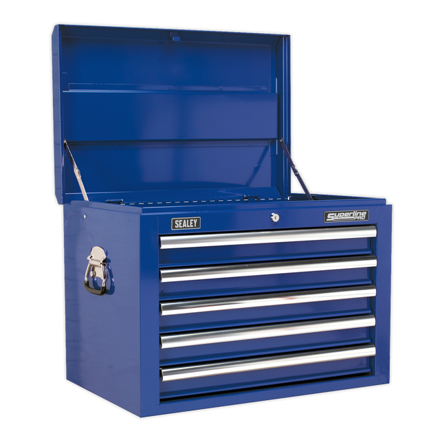 A blue Sealey Topchest 5 Drawer with Ball-Bearing Slides (AP26059TC) features a rust-resistant powder coat paint finish, an open lid, five closed drawers, side handles, and is designed for durability.