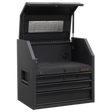 Sealey's Topchest 4 Drawer 660mm, model AP2704BE, features an open top compartment and three drawers with soft close mechanisms. It includes heavy-duty drawer slides, a rust-resistant finish, and displays a metal Sealey logo on the inside.