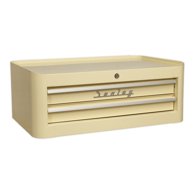 The Sealey Mid-Box 2 Drawer Retro Style - AP28102 is a beige tool chest that features a retro mid-box design and ball-bearing slides for smooth operation. The front lock ensures your tools are secure, while the Lift & Latch drawer pulls add a touch of convenience.