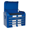 The Sealey Topchest 4 Drawer Retro Style in blue with white stripes (AP28104BWS) boasts four ball-bearing slide drawers and a top storage compartment. For added security, the fully lockable tool chest features convenient side handles and proudly displays the Sealey brand name on the front.