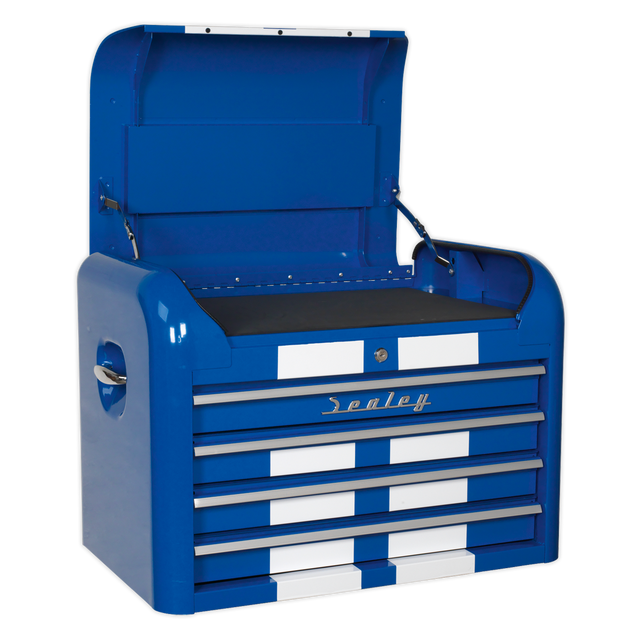 The Sealey Topchest 4 Drawer Retro Style in blue with white stripes (AP28104BWS) boasts four ball-bearing slide drawers and a top storage compartment. For added security, the fully lockable tool chest features convenient side handles and proudly displays the Sealey brand name on the front.