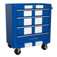 The Sealey Rollcab 4 Drawer Retro Style - Blue with White Stripes (AP28204BWS) features five ball-bearing slide drawers and heavy-duty castors for mobility.
